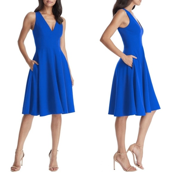 NWT Dress the Population Catalina Fit & Flare Midi Dress in Cobalt Sz. XS - Picture 1 of 4